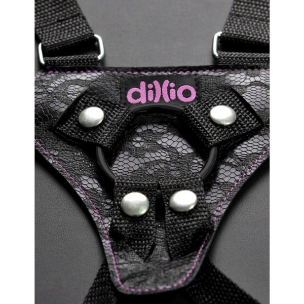 Dillio Strap-On Suspender Harness Set Black with Silicone Dong 6in - Pink - Imagen 5
